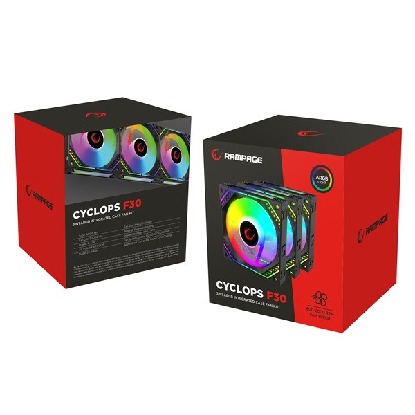 Rampage cooler 12cm - cyclops f30 (3x12cm, max 29,2dba, 114,68 m3/h, ház hűtésre, a-rgb led, fekete)