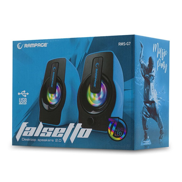 Rampage hangszóró 2.0 - rms-g7 falsetto (6w rms; hangerőszabályzó; 3,5mm jack; usb, rgd led, kék)