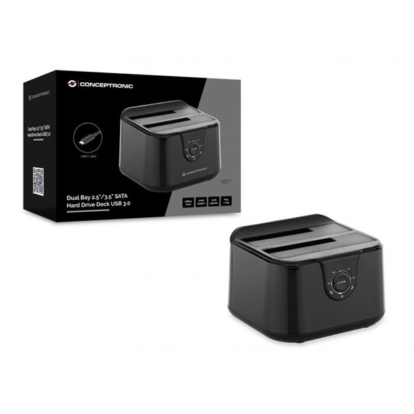 Conceptronic hdd/ssd dokkoló - donn12b (2 fiók, usb3.2, 2,5/3,5", max.: 32tb, klónozás funkció, fekete)