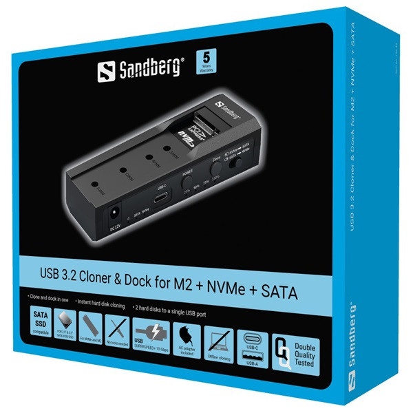 Sandberg m.2 ssd dokkoló - usb 3.2 cloner and dock for m2 + nvme + sata