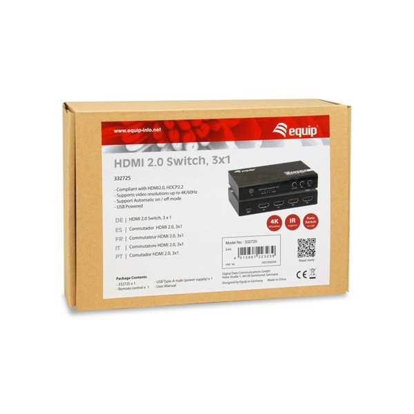 Equip hdmi switch - 332725 (3x bemenet, 1x kimenet, usb tápellátás, aluminium, fekete)