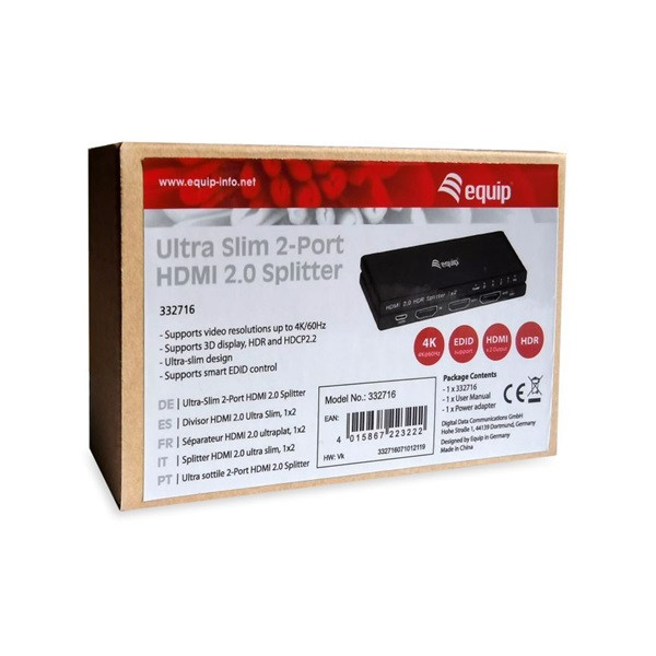 Equip hdmi video-splitter - 332716 (2 port, hdmi2.0, 3d, 4k/60hz, hdr/hdcp ready, fekete)