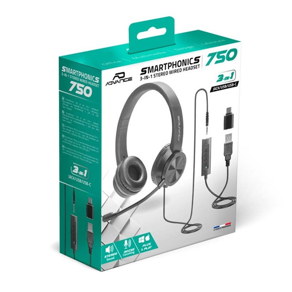 Advance fejhallgató - smartphonics 750 (3,5mm jack/usb, 1,9m kábel, fekete)