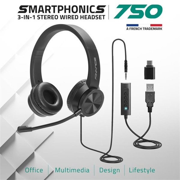 Advance fejhallgató - smartphonics 750 (3,5mm jack/usb, 1,9m kábel, fekete)