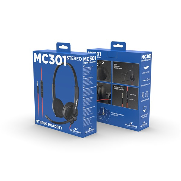 Bluestork fejhallgató - mc301 office headset (mikrofon; hangerő szabályzó, 3,5 jack, fekete)