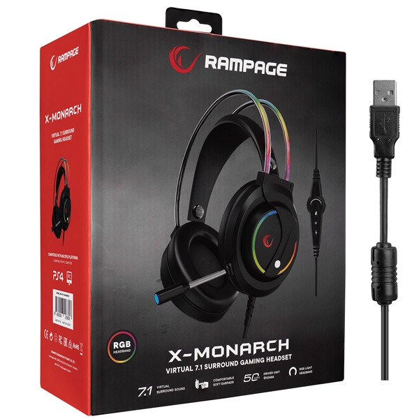 Rampage fejhallgató - rm-k17 x-monarch (mikrofon, 7.1 hangzás, usb, hangerőszabályzó, 2m kábel, rgb, fekete)