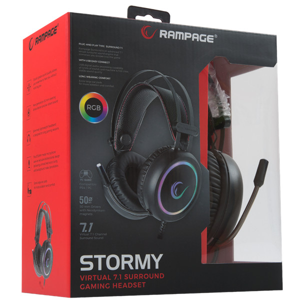 Rampage fejhallgató - stormy rgb (7.1, mikrofon, usb, hangerőszabályzó, nagy-párnás, 2m kábel, fekete)