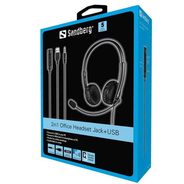Sandberg fejhallgató - 2in1 office headset jack+usb (mikrofon; usb+jack; hangerő szabályzó; 1,5m kábel; fekete)
