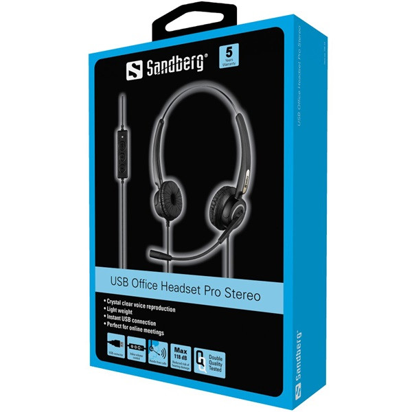 Sandberg fejhallgató - usb office headset pro stereo (usb; mikrofon; hangerő szabályzó; 2,1m kábel; fekete)