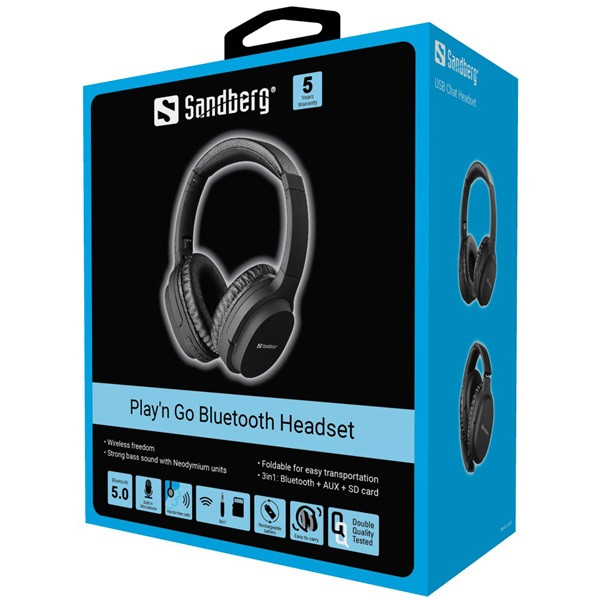 Sandberg wireless fejhallgató - play n go bluetooth headset (bluetooth 5.0; mikrofon; hangerő szabályzó; fekete)