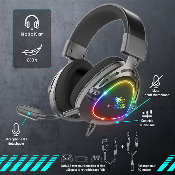 Spirit of gamer fejhallgató - elite h40 black (multiplatform, rgb, 3.5mm jack, mikrofon, hangerőszabályzó, nagy-párnás)