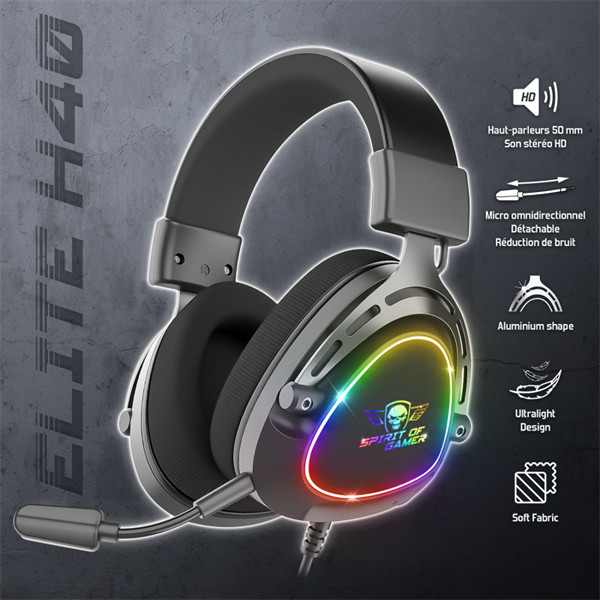 Spirit of gamer fejhallgató - elite h40 black (multiplatform, rgb, 3.5mm jack, mikrofon, hangerőszabályzó, nagy-párnás)