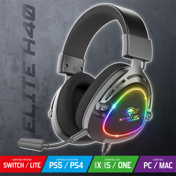 Spirit of gamer fejhallgató - elite h40 black (multiplatform, rgb, 3.5mm jack, mikrofon, hangerőszabályzó, nagy-párnás)