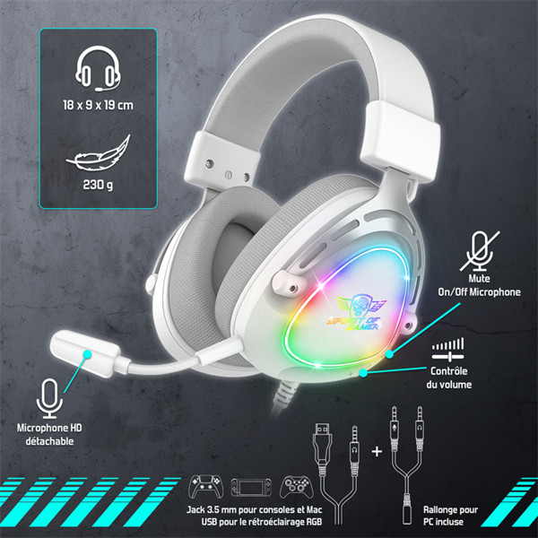 Spirit of gamer fejhallgató - elite h40 white (multiplatform, rgb, 3.5mm jack, mikrofon, hangerőszabályzó, nagy-párnás)