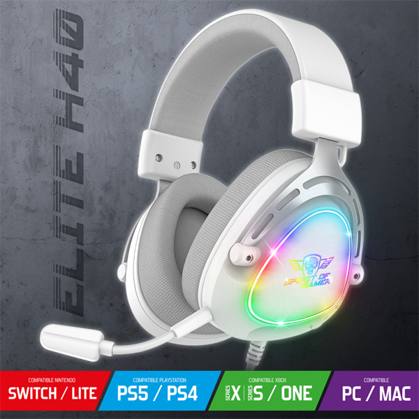Spirit of gamer fejhallgató - elite h40 white (multiplatform, rgb, 3.5mm jack, mikrofon, hangerőszabályzó, nagy-párnás)