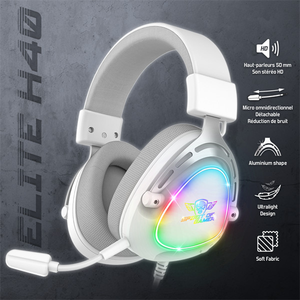 Spirit of gamer fejhallgató - elite h40 white (multiplatform, rgb, 3.5mm jack, mikrofon, hangerőszabályzó, nagy-párnás)