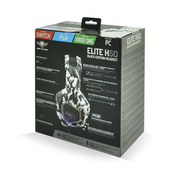 Spirit of gamer fejhallgató - elite h50 arctic (multiplatform, rgb, 3.5mm jack, mikrofon, hangerőszabályzó, nagy-párnás)