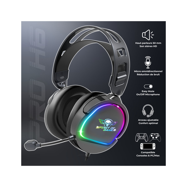 Spirit of gamer fejhallgató - pro-h6 rgb black (multiplatform, mikrofon, 3.5mm jack, hangerőszabályzó, 2m kábel, fekete)