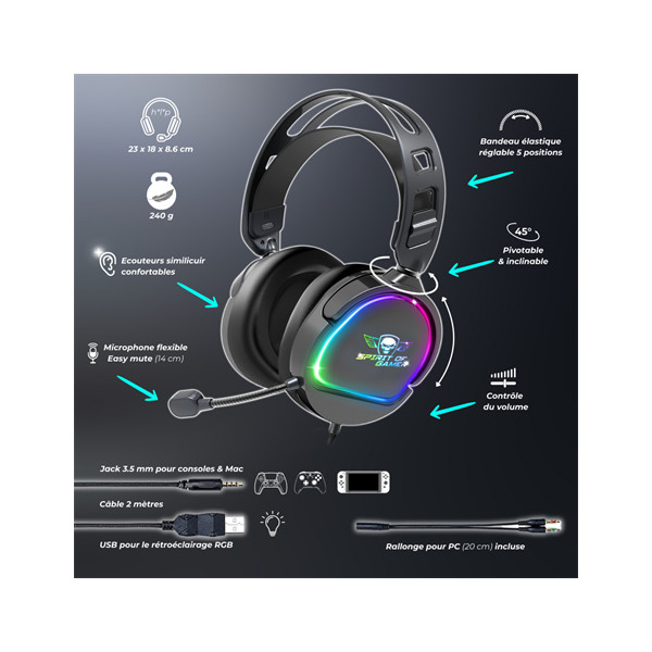 Spirit of gamer fejhallgató - pro-h6 rgb black (multiplatform, mikrofon, 3.5mm jack, hangerőszabályzó, 2m kábel, fekete)