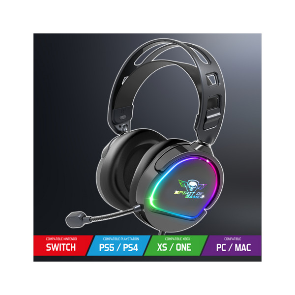 Spirit of gamer fejhallgató - pro-h6 rgb black (multiplatform, mikrofon, 3.5mm jack, hangerőszabályzó, 2m kábel, fekete)