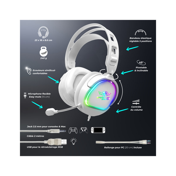 Spirit of gamer fejhallgató - pro-h6 rgb white (multiplatform, mikrofon, 3.5mm jack, hangerőszabályzó, 2m kábel, fehér)