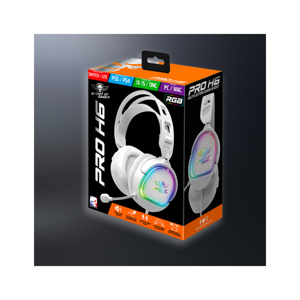 Spirit of gamer fejhallgató - pro-h6 rgb white (multiplatform, mikrofon, 3.5mm jack, hangerőszabályzó, 2m kábel, fehér)