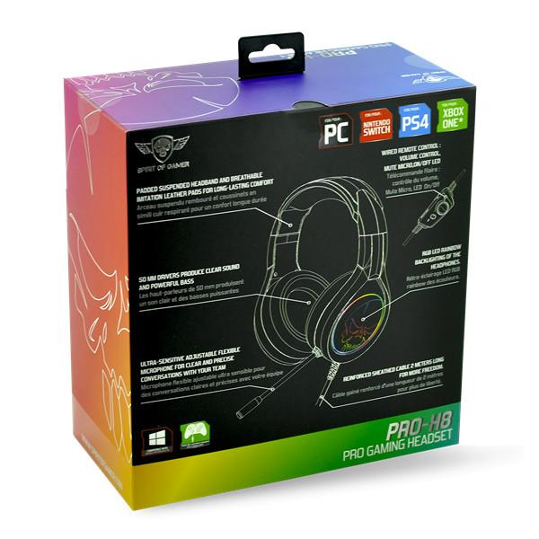 Spirit of gamer fejhallgató - pro-h8 rgb dark (multiplatform, mikrofon, 3.5mm jack, hangerőszabályzó, 2m kábel, fekete)