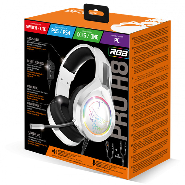 Spirit of gamer fejhallgató - pro-h8 rgb white (multiplatform, mikrofon, 3.5mm jack, hangerőszabályzó, 2m kábel, fehér)