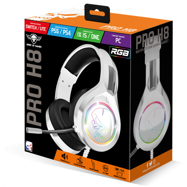 Spirit of gamer fejhallgató - pro-h8 rgb white (multiplatform, mikrofon, 3.5mm jack, hangerőszabályzó, 2m kábel, fehér)