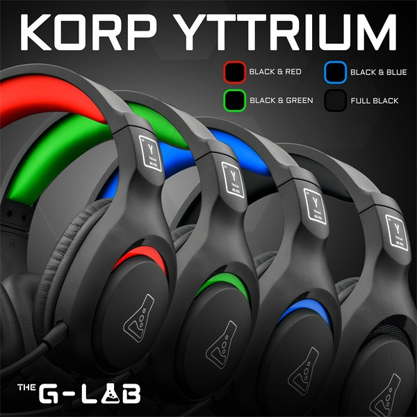 The g-lab fejhallgató - korp  yttrium (mikrofon, 3,5 jack, hangerőszabályzó, nagy-párnás, rgb, fekete)
