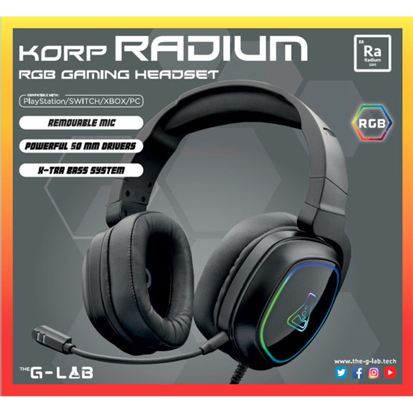 The g-lab fejhallgató - korp radium black (mikrofon,usb, 3,5mm jack, hangerőszabályzó, led,nagy-párnás)