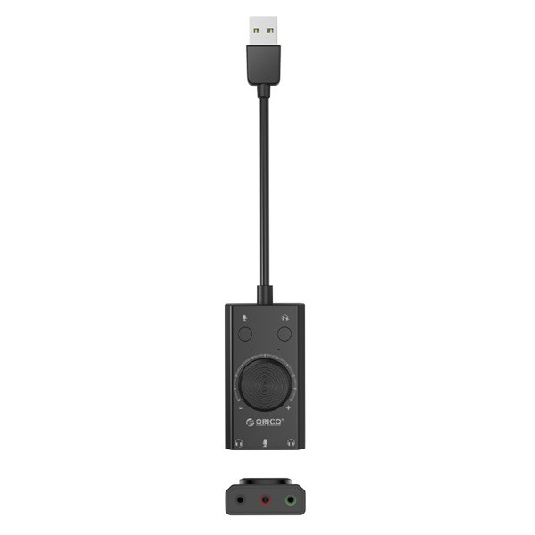 Orico külső hangkártya - sc2-bk/38/ (bemenet: usb2.0, kimenet: 2x 3,5mm jack: hang/mikrofon + 1x 3,5 mm jack 4 pin)