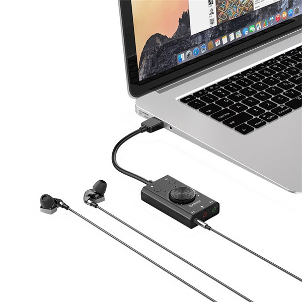 Orico külső hangkártya - sc2-bk/38/ (bemenet: usb2.0, kimenet: 2x 3,5mm jack: hang/mikrofon + 1x 3,5 mm jack 4 pin)