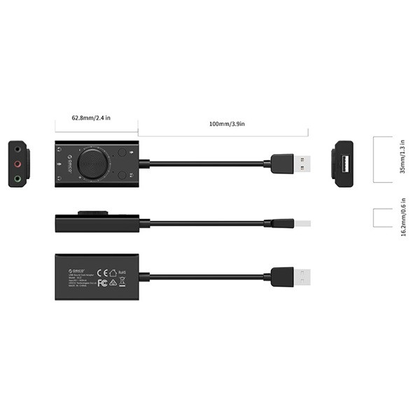 Orico külső hangkártya - sc2-bk/38/ (bemenet: usb2.0, kimenet: 2x 3,5mm jack: hang/mikrofon + 1x 3,5 mm jack 4 pin)