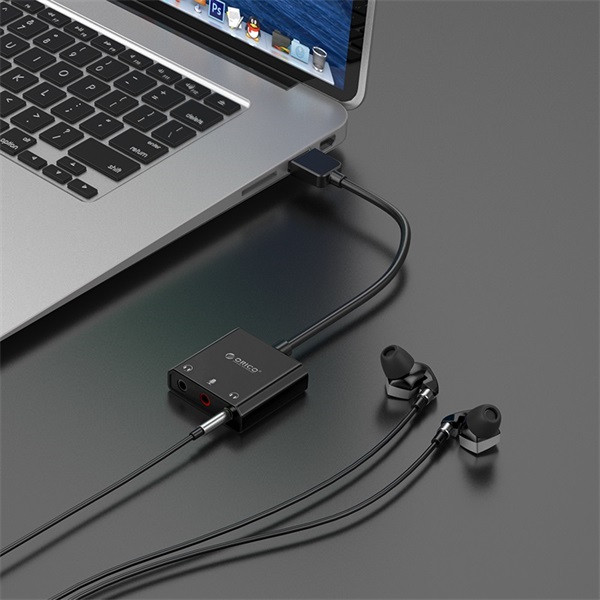 Orico külső hangkártya - skt3-bk (bemenet: usb/thunderbolt, kimenet: 2x3,5mm jack 3pin+1x 3,5mm jack 4pin)
