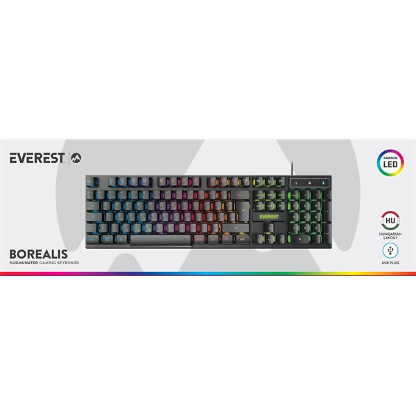 Everest gamer billentyűzet - kb-188 borealis rainbow (numpad, usb, fekete, magyar, rgb led)