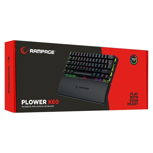 Rampage billentyűzet - plower k60 black us (vezetékes, mechanikus, blue switch, angol, fekete, rgb led)