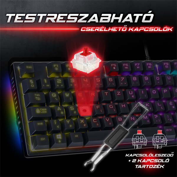 Spirit of gamer billentyűzet mechanikus - xpert k250 (105 gomb, sog red, rgb led,usb, anti-ghosting, fekete, magyar)