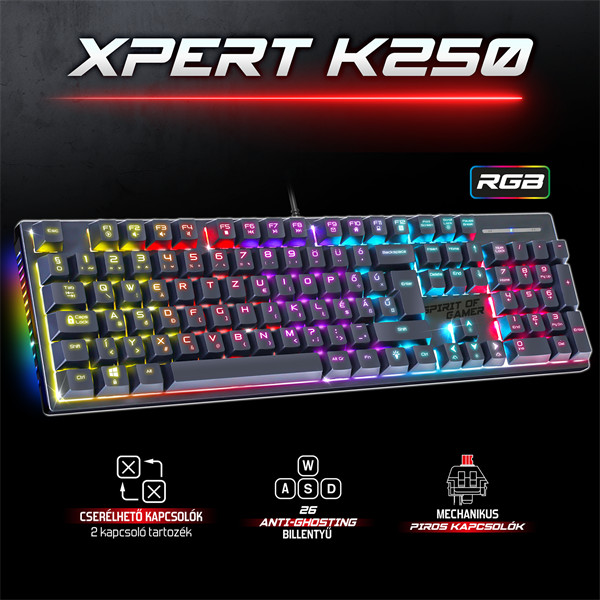 Spirit of gamer billentyűzet mechanikus - xpert k250 (105 gomb, sog red, rgb led,usb, anti-ghosting, fekete, magyar)