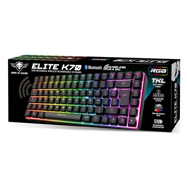 Spirit of gamer billentyűzet vezeték nélküli - elite k70 (tkl, 85 gomb,, rgb led,usb, anti-ghost, fekete, magyar)