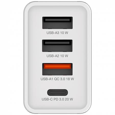 Hálózati töltő, 1xUSB-C PD (20W), USB-A QC 3.0, 2xUSB-A (10W), VERBATIM, fehér