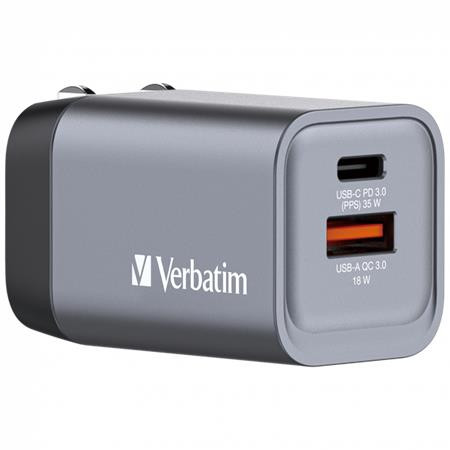 Hálózati töltő, 1xUSB-C PD (35W), USB-A QC 3.0, EU/UK/US, GaN, VERBATIM