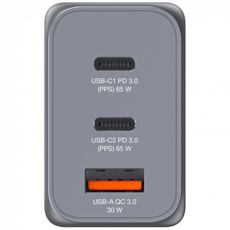 Hálózati töltő, 2xUSB-C PD (65W), USB-A QC 3.0, EU/UK/US, GaN, VERBATIM