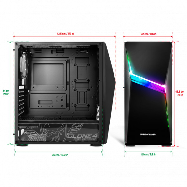 Spirit of gamer számítógépház - clone 4 black (fekete, ablakos, 8x12cm ventilátor, alsó táp,  atx, 1xusb3.0, 2xusb2.0)