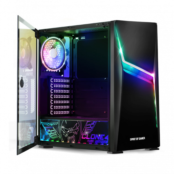 Spirit of gamer számítógépház - clone 4 black (fekete, ablakos, 8x12cm ventilátor, alsó táp,  atx, 1xusb3.0, 2xusb2.0)