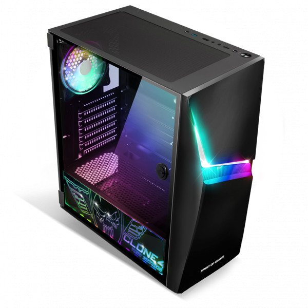 Spirit of gamer számítógépház - clone 4 black (fekete, ablakos, 8x12cm ventilátor, alsó táp,  atx, 1xusb3.0, 2xusb2.0)