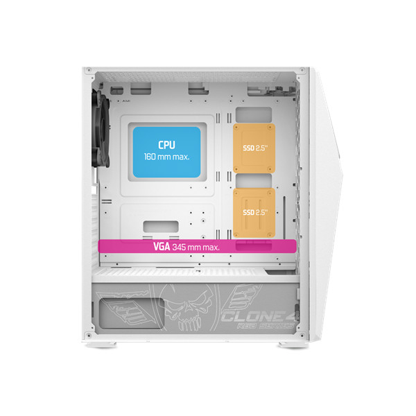 Spirit of gamer számítógépház - clone 4 white (fekete, ablakos, 8x12cm ventilátor, alsó táp,  atx, 1xusb3.0, 2xusb2.0)