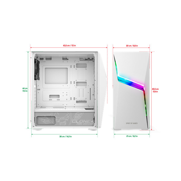 Spirit of gamer számítógépház - clone 4 white (fekete, ablakos, 8x12cm ventilátor, alsó táp,  atx, 1xusb3.0, 2xusb2.0)