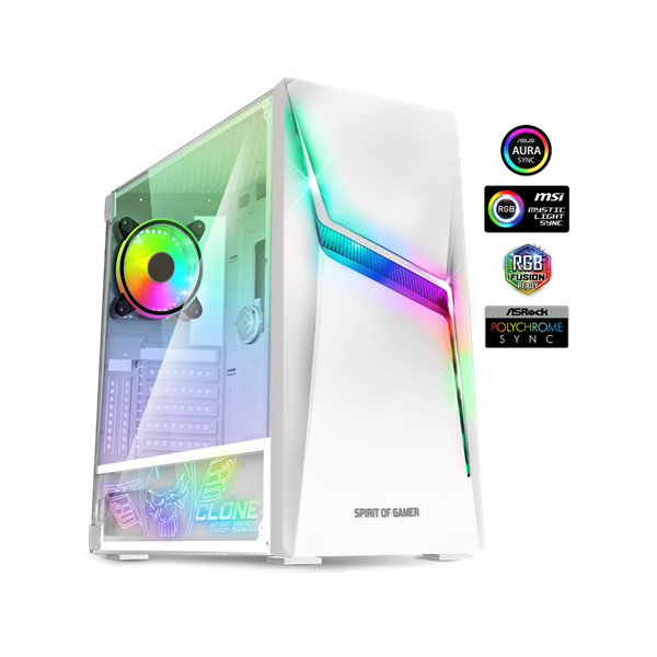 Spirit of gamer számítógépház - clone 4 white (fekete, ablakos, 8x12cm ventilátor, alsó táp,  atx, 1xusb3.0, 2xusb2.0)