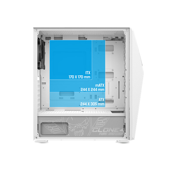 Spirit of gamer számítógépház - clone 4 white (fekete, ablakos, 8x12cm ventilátor, alsó táp,  atx, 1xusb3.0, 2xusb2.0)